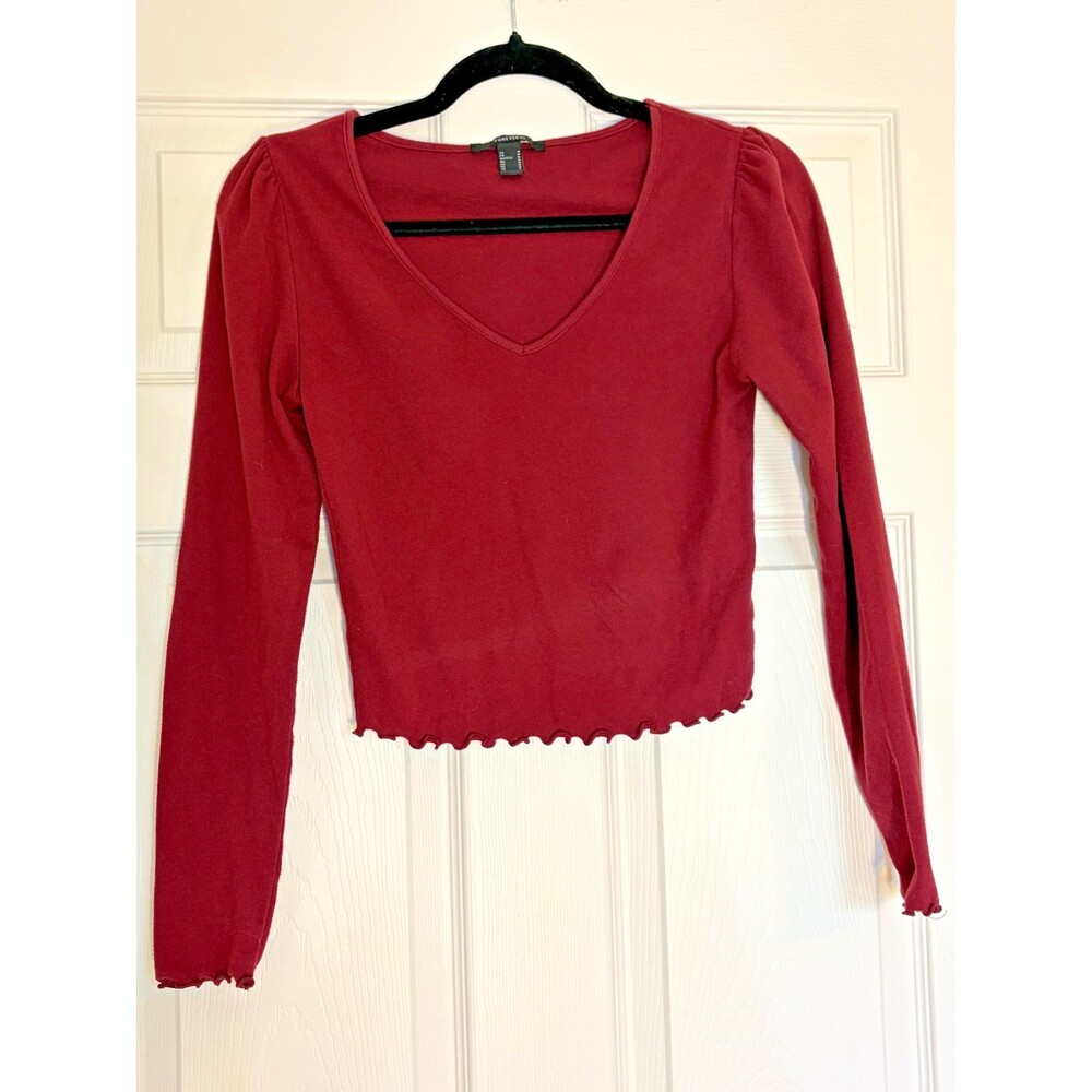 Medium Forever 21 Maroon Burgundy Red Long-sleeve V-neck Crop Lettuce-edge Hem